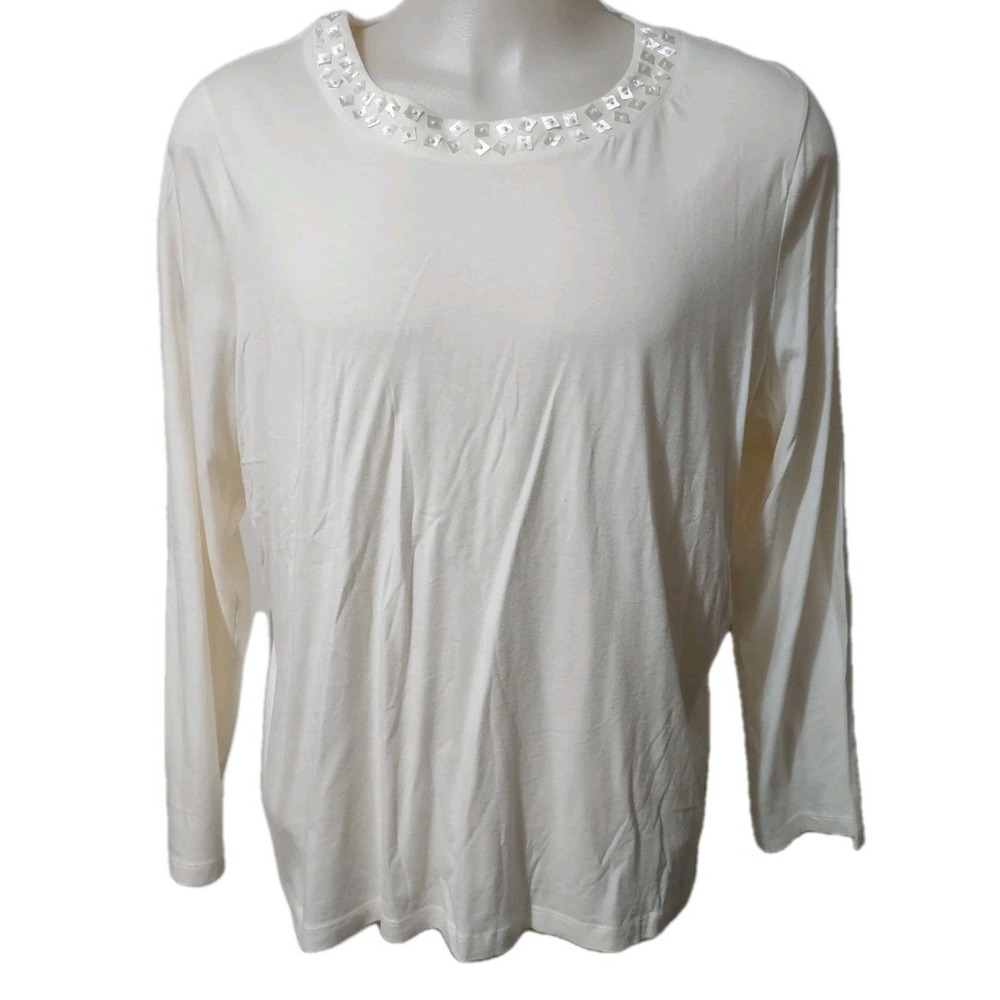 Talbots Shirt Womens 3X Ivory Long‎ Sleeve Cotton Blend Stretch Top  Embellished